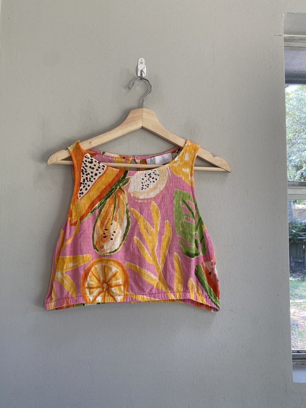 Rare C&C California Papaya Fruit Print Rayon Crop Tank Top Pink S